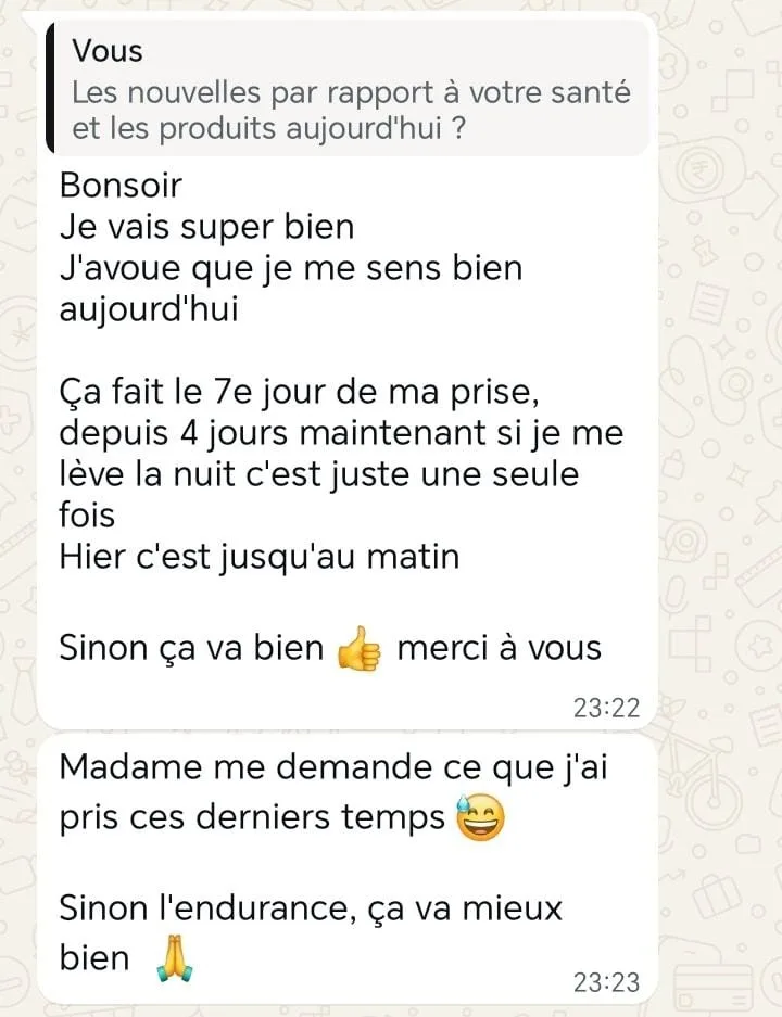 Capture WhatsApp - Témoignage client après 7 jours de prise et amélioration nette