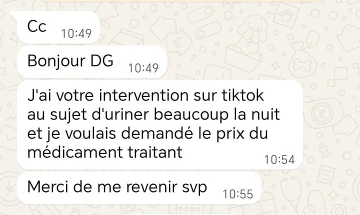 Capture WhatsApp - Demande d'information suite vidéo TikTok sur la prostate