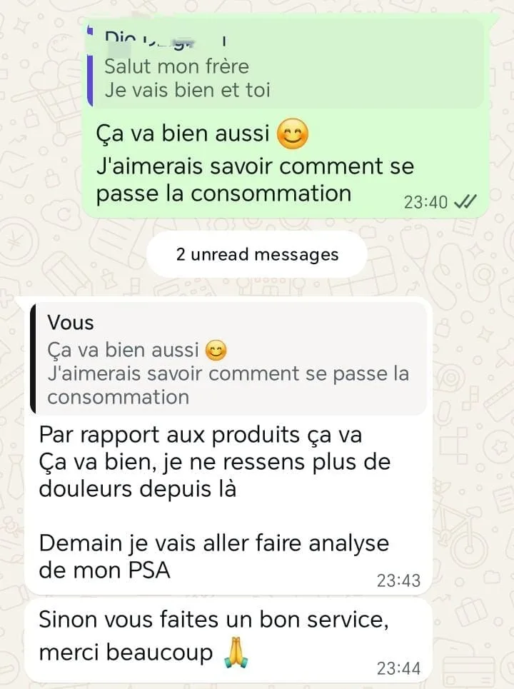Capture WhatsApp - Client soulagé de ses douleurs et analyse PSA