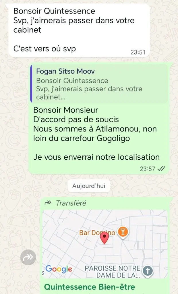 Capture WhatsApp - Localisation du cabinet et confirmation de visite